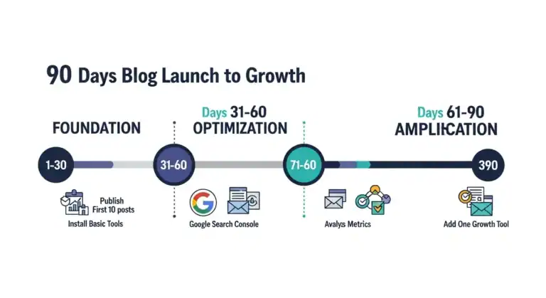 90-day blog launch plan. Timeline showing foundation, optimization, and amplification phases.